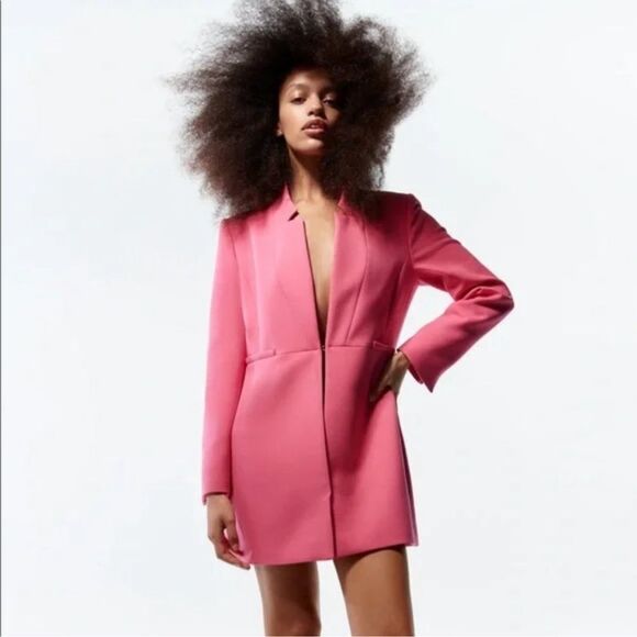 Zara inverted lapel Elegant Pink long Blazer Coat - Picture 1 of 15
